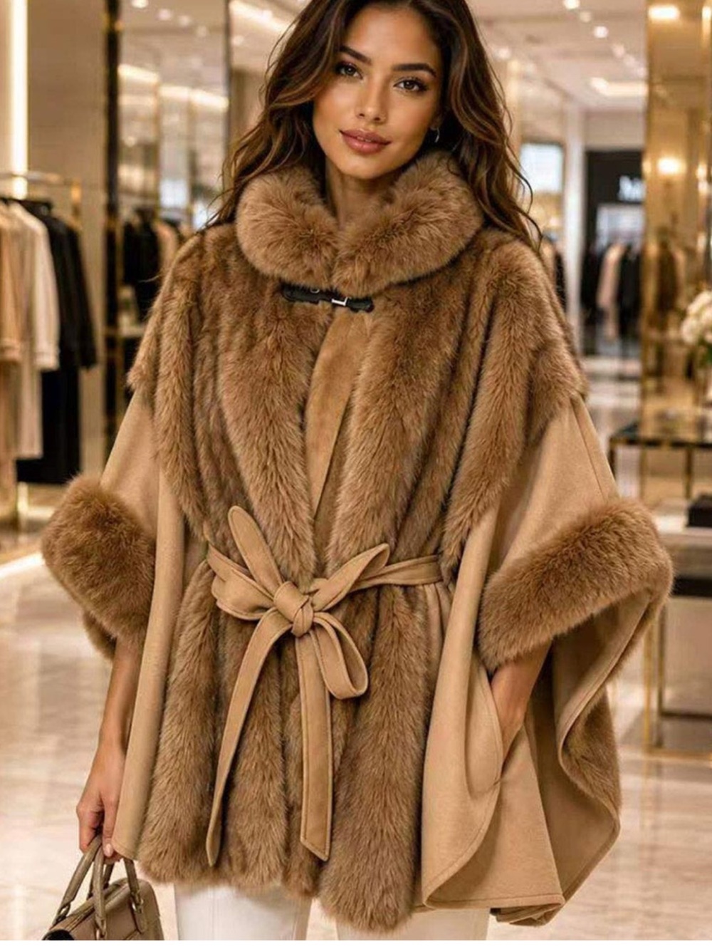 Lux Faux-Fur Trim Belted Cape Sweater - Brown